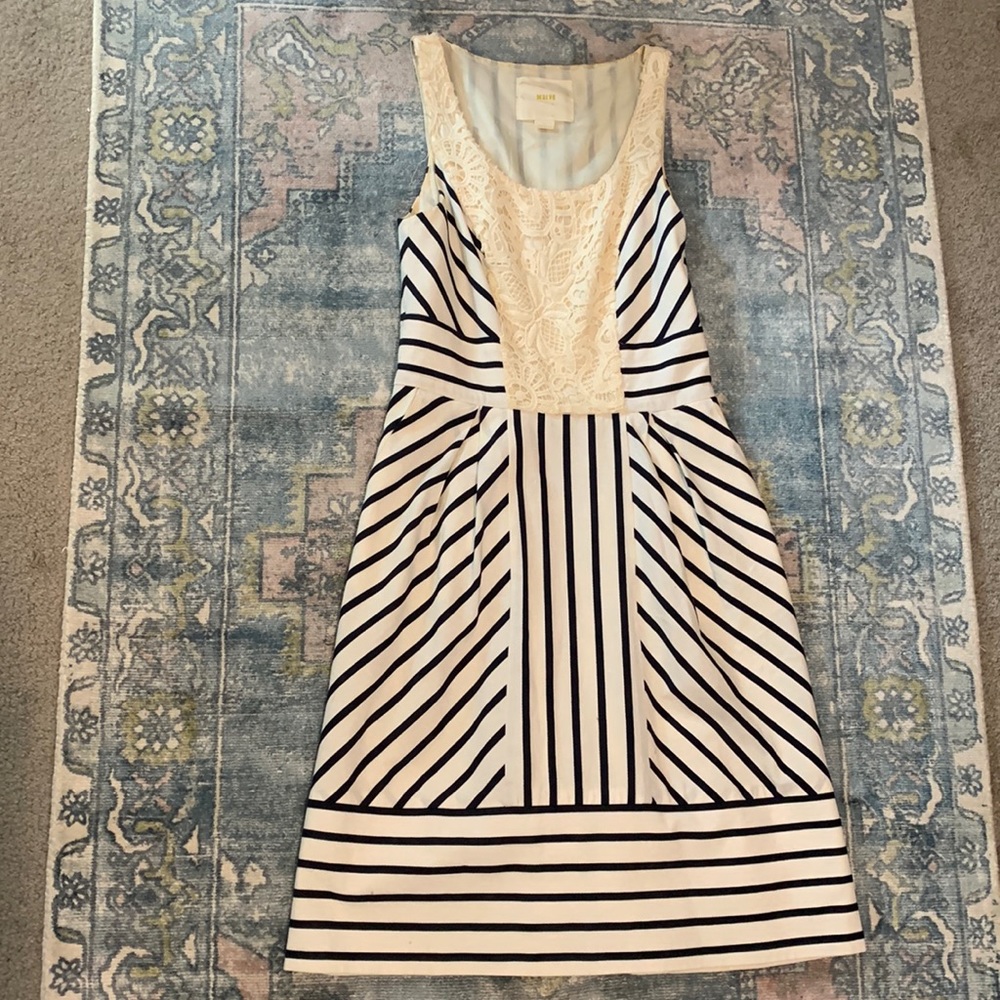 Anthropologie black and white stripe dress with lace crochet detail, side zipper